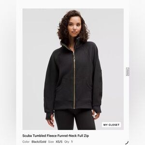 NWT lululemon Scuba Tumbled Fleece Blk/Gold Funnel-Neck Full Zip, xs/S
